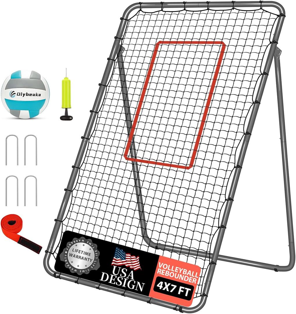 5-Angle Adjustable Volleyball Rebounder Net 7x4ft, Durable & Portable Bounce Back Training Equipment for Practicing Volleying Bumping Spiking with High-Tension Net, PU Volleyball, Pump, Stakes (Gray)