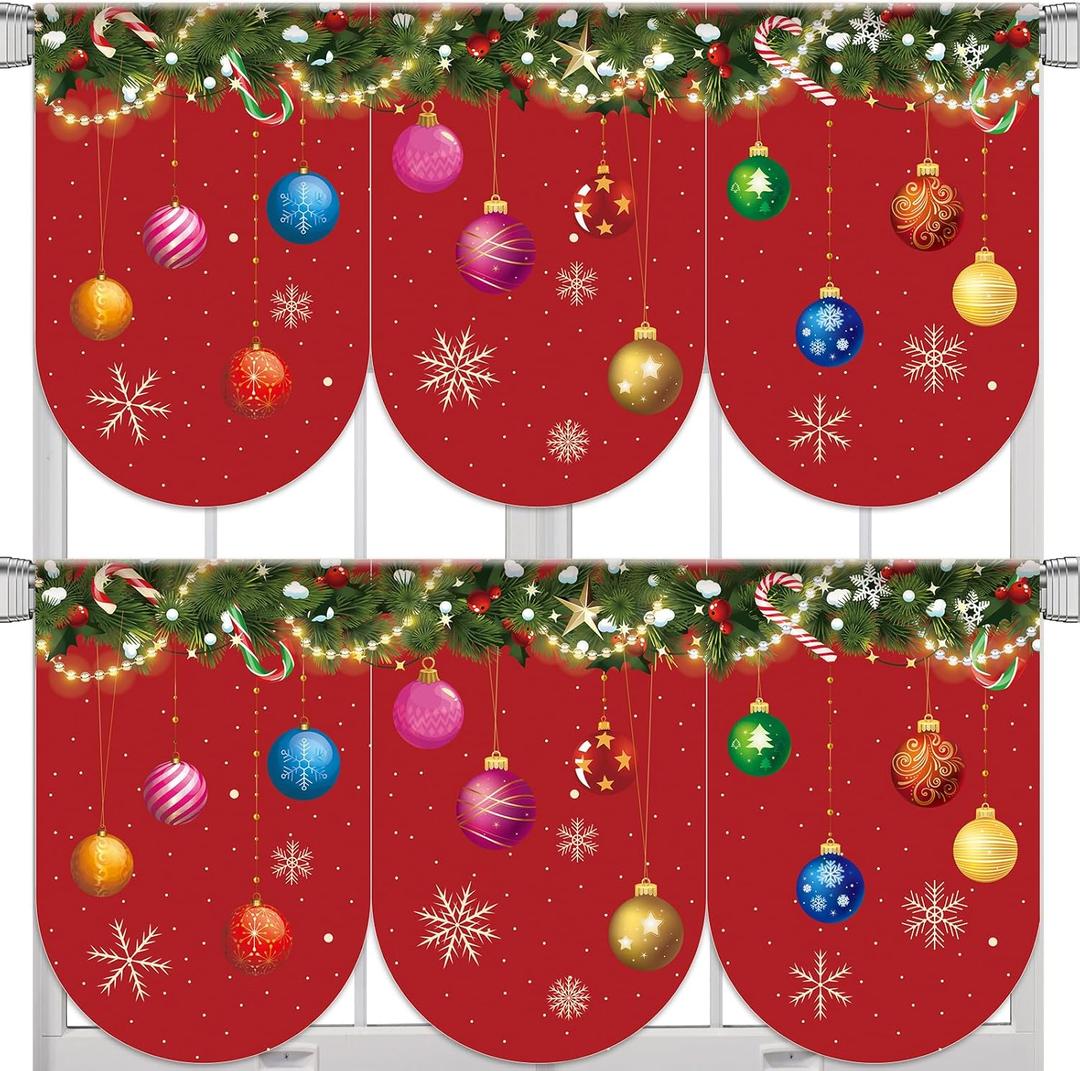 Breling 6 Pcs Christmas Kitchen Curtains Christmas Window Valance Curtain Decoration Xmas Rod Pocket Short Drapes Set for Classroom Living Room Bedroom Holiday Decor 36x24 in(Xmas Balls)