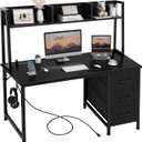 DLisiting Black Computer Desk with Hutch & Drawers - Office Desk with 3 Storage Drawers and Power Outlets, 47 Inch Modern Study Writing Desk for Bedroom Home Office