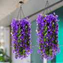 Hotop 2 Set Artificial Flowers with Hanging Basket Includes 6 Pcs Morning Glory Vines Faux Outdoor Hanging Plants Waterproof UV Resistant Fake Flowers for Patio Spring Summer Decor(Purple)