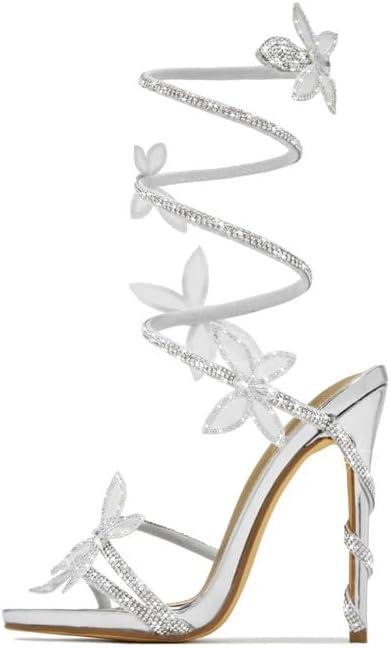 sexytag Diamante Heels Butterfly Wrap Around Strap Fantasy Rhinestone Sparkly Stiletto Heel Sandals (7, Silver)