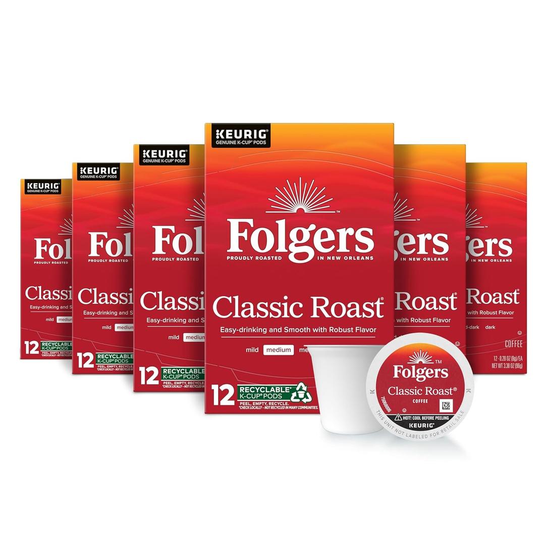Folgers Classic Roast, Medium Roast Coffee, Keurig K-Cup Pods, 12 Count Boxes (Pack of 6) (EXP 11/04/26)