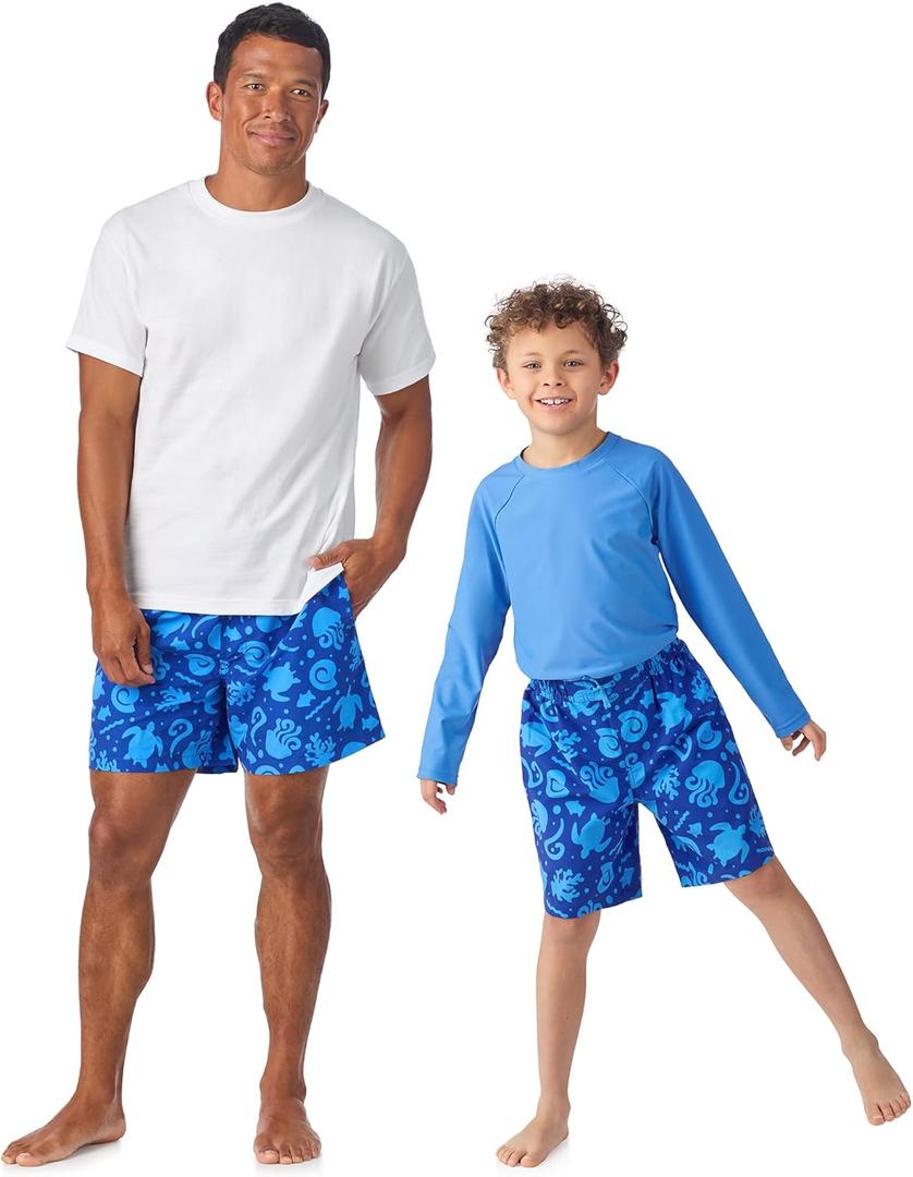 Saint Eve Dad and Son Family Matching Swimwear - Mens Swim Trunks & Boys Short or Long Sleeve Rash Guard & Shorts Sets (X-Small (5/6), Blue Sea Life)