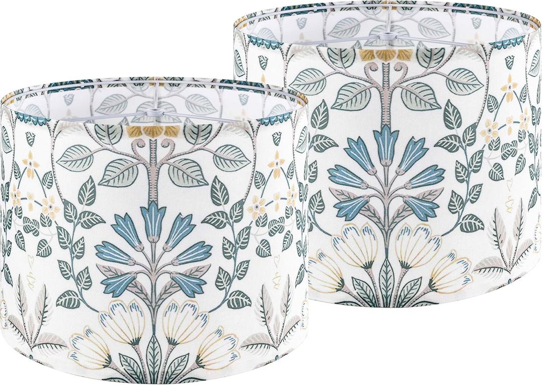 Lamp Shades Set of 2 for Table Lamps, 13" Top x 13" Bottom x 10" High(Spider),Medium Drum Lamp Shades for Floor Lamps,Bedroom,Polyester Fiber Printing Plants Lampshades,Easy Assembly Required,By GO&SO