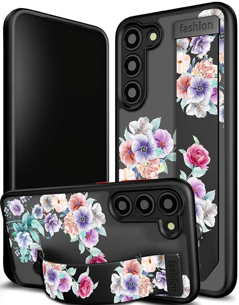 Compatible for Samsung Galaxy S23 Case Cute with Strap Stand Finger Kickstand, Designer Cool Silicone Cases Funda Cover - Red Rose Peony Floral