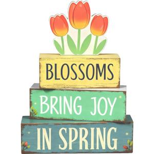Spring Decoration Wooden Tiered Tray Decor  Tulip Blossoms Spring Stacked Block Sign with Floral Accent  Farmhouse Tabletop Spring Decor for Shelf Mantel Seasonal Home Display