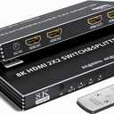 2x2 HDMI Switch Splitter, HDMI 2.1 Switcher 2 in 2 Out 8K@60Hz 4K@120Hz, w/IR Remote Control, Supports HDCP 2.3 HDR, HDR10, HDR 10+, 3D (8K@60 2x2)