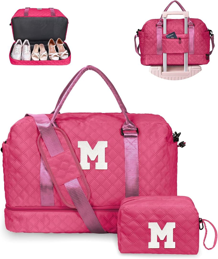 Birthday Gifts for 3 4 5 6 7 8 9 10 11 12 13 Year Old Girls-Initial Travel Bag with Shoe Compartment, Weekender Bag, Overnight Bag for Women, Letter Travel Bag with Makeup Bag (Letter M)