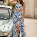 Floerns Women's 2 Piece Summer Outfit Floral Print Knot Shoulder Zip Back Crop Cami Top and Maxi Pants Set ,Size M