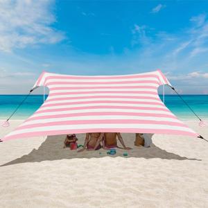 Beach Tent Canopy, UPF 50+ UV Protection Beach Sun Shade, Portable 10x10 FT Large Pop-Up Tent Sun Shelter with Sand Anchors, Ground Pegs, Easy Setup for Camping, Park, and Backyard Fun-Pink Stripe