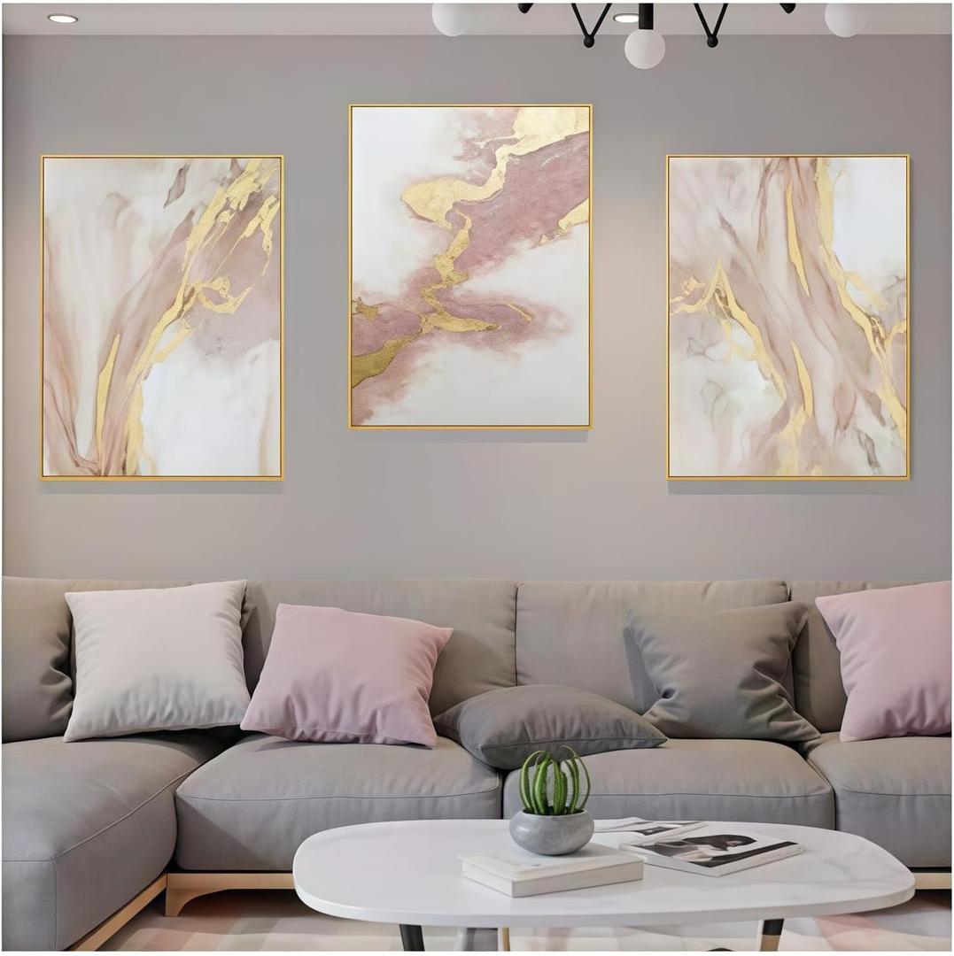 3 Piece Living Room Pink Wall Art, Framed Gold Abstract Painting Water Flow Shape for Bedroom,Modern Pink Wall Decor Home Decor Ready to Hang 24x48 inches (GMD-110)