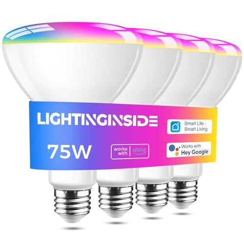 Lightinginside Smart Light Bulb 1100LM, RGBCW BR30 E26 Bulb Works with Alexa/Google Home/Smart Life, 2.4G WiFi Bluetooth Recessed Flood LED Bulbs 12W, No Hub Required, 75W Equivalent, ETL Listed, 4PCS