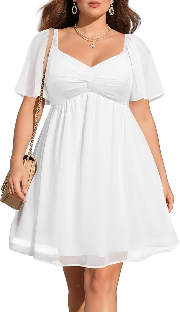 Pinup Fashion Women Graduation Dress Plus Size - Homecoming Sweetheart Neckline Chiffon A-Line Short Dresses (White Short Sleeve, 24W)