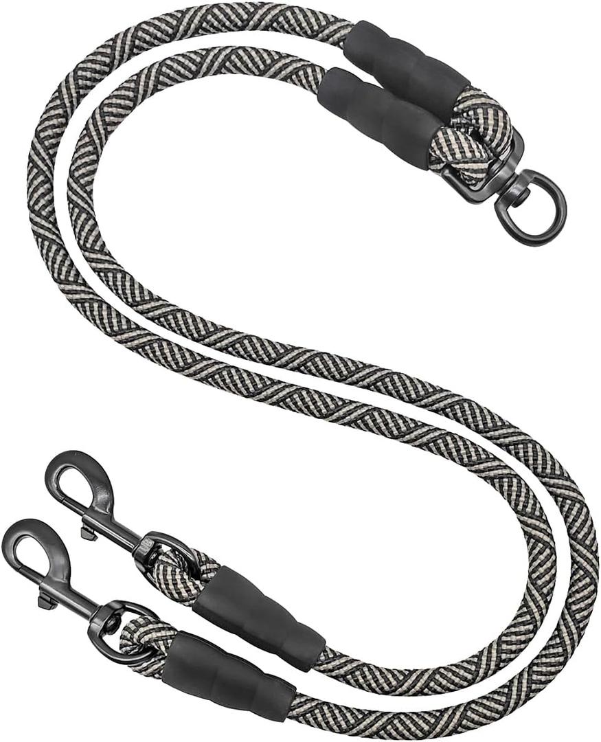 Double Dog Leash Coupler, Heavy Duty Extension Rope for Two Dogs, No Tangle 1/2" Thick Dual Dog Lead Splitter for Large Medium Dogs Over 40 lbs (Black)