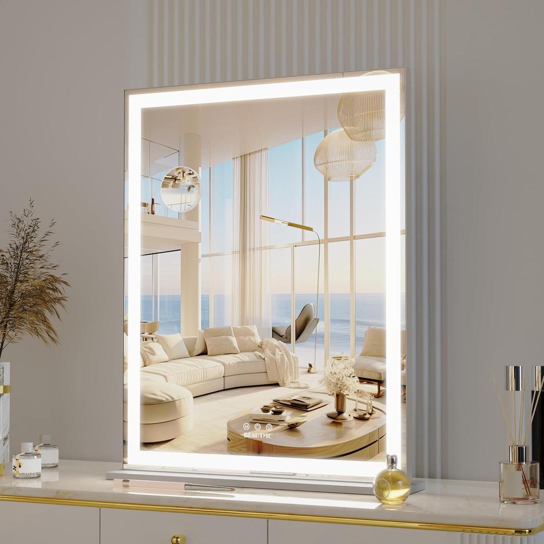 BEAUTME Vanity Mirror 22.4x28.1 Inch,Makeup Mirror with Lights,Hollywood Mirror,LED Mirror for Bedroom,Aluminium Frame,Tabletop/Wall Mount,Horizontal/Vertical,Silver