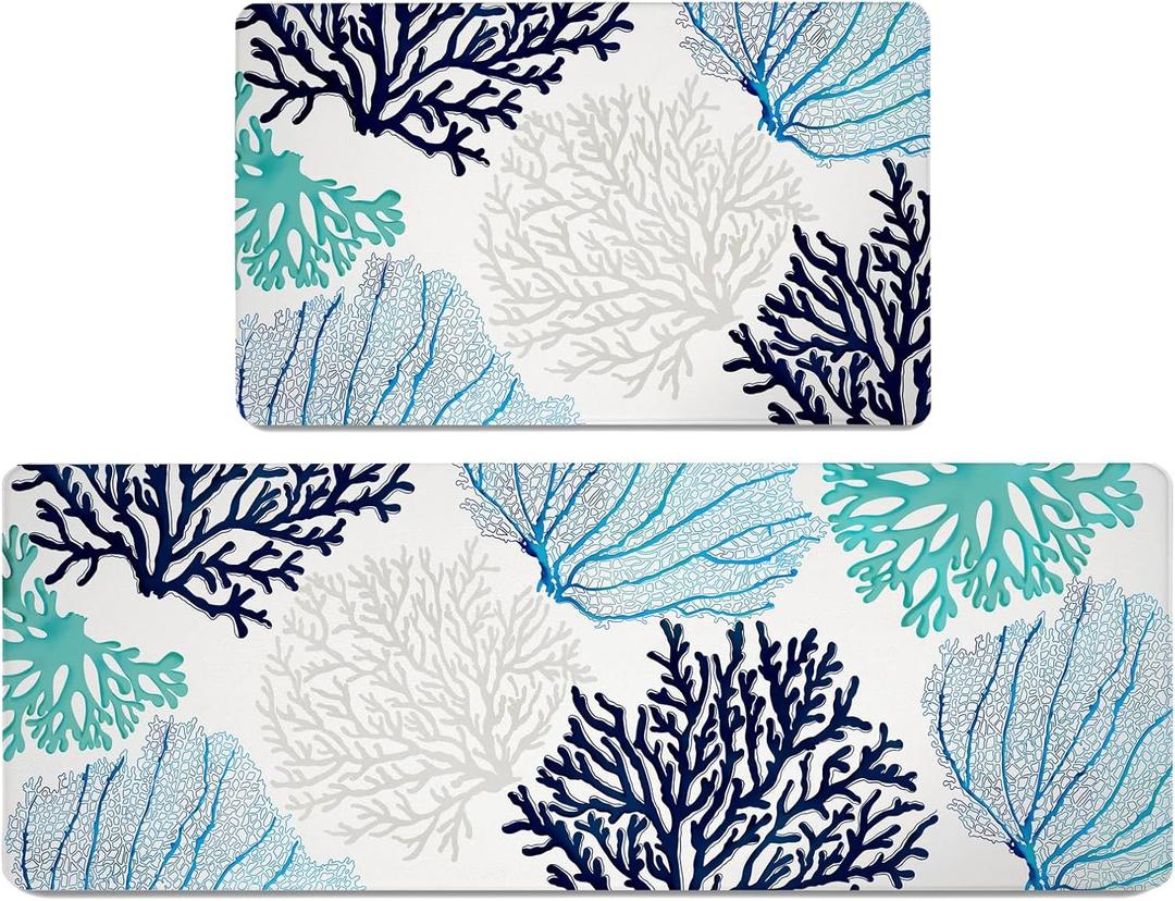 Coastal Beach Kitchen Floor Mat Rugs Set 2 Pcs Anti Fatigue Mats Ocean Themed Coral Non-Slip Comfort Standing Cushioned for Kitchen, Home, Laundry (17.3" x28" + 17.3" x 47" 2/5 Inch Thick, Blue/Teal)