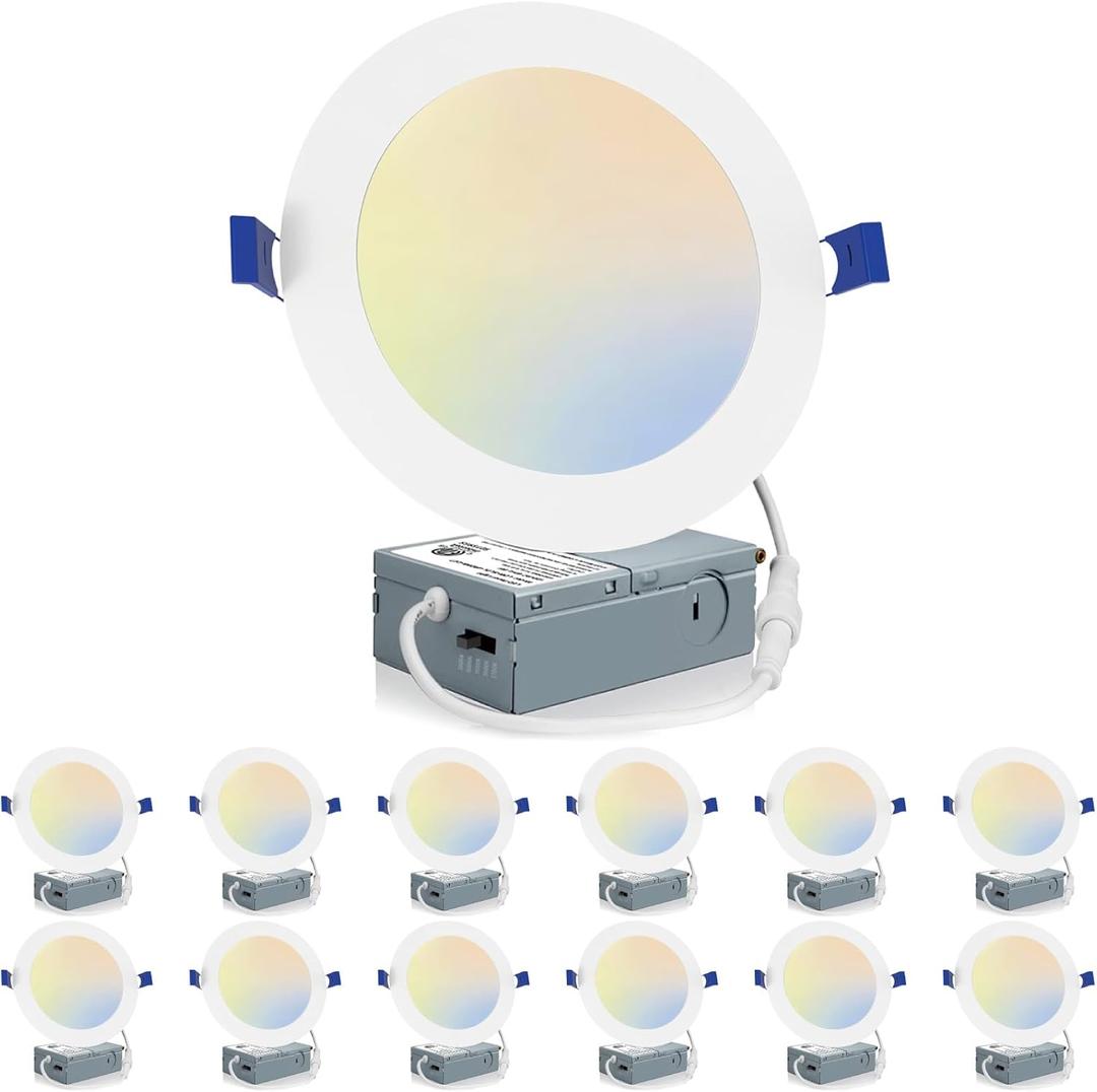Meconard 12 Pack 6 Inch LED Recessed Ceiling Light, 2700K/3000K/3500K/4000K/5000K Selectable, Dimmable 12W=110W, 1050LM, IC Rated Can-Killer Downlights with Junction Box, ETL and Energy Star Listed