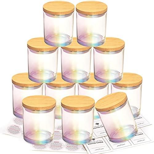 CONNOO 9 Pack 10 OZ Iridescent Glass Candle Jars for Making Candles with Airtight Bamboo Lids Nice Sticky Warning Labels for Candle Making Empty Container Bulk - Dishwasher Safe