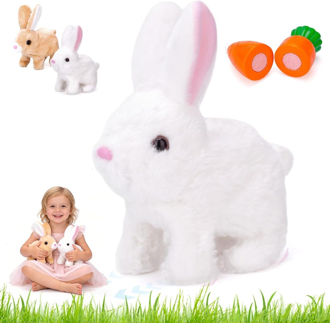 Hopping Bunny Toy, Easter Bunny Stuffed Animal Interactive Electronic Plush with Sounds and Movements, Animated Walking Wiggle Ears Twitch Nose, Easter Gifts for Kids Toddlers Boys Girls (white)