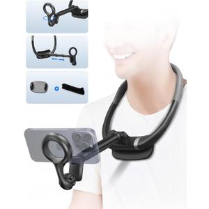 Neck Phone Holder for Recording, Magnetic Neck Mount for Phones with Extendable Pole (5-9 inch) and Extra Phone Clip, Hands Free POV Phone Holder Compatible with iPhone 15/16 Series and all Cell Phone