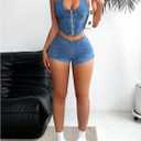 MakeMeChic Women's Denim Vest Top Halter Sleeveless Open Back Jean Crop Corset Tops (Blue, L)