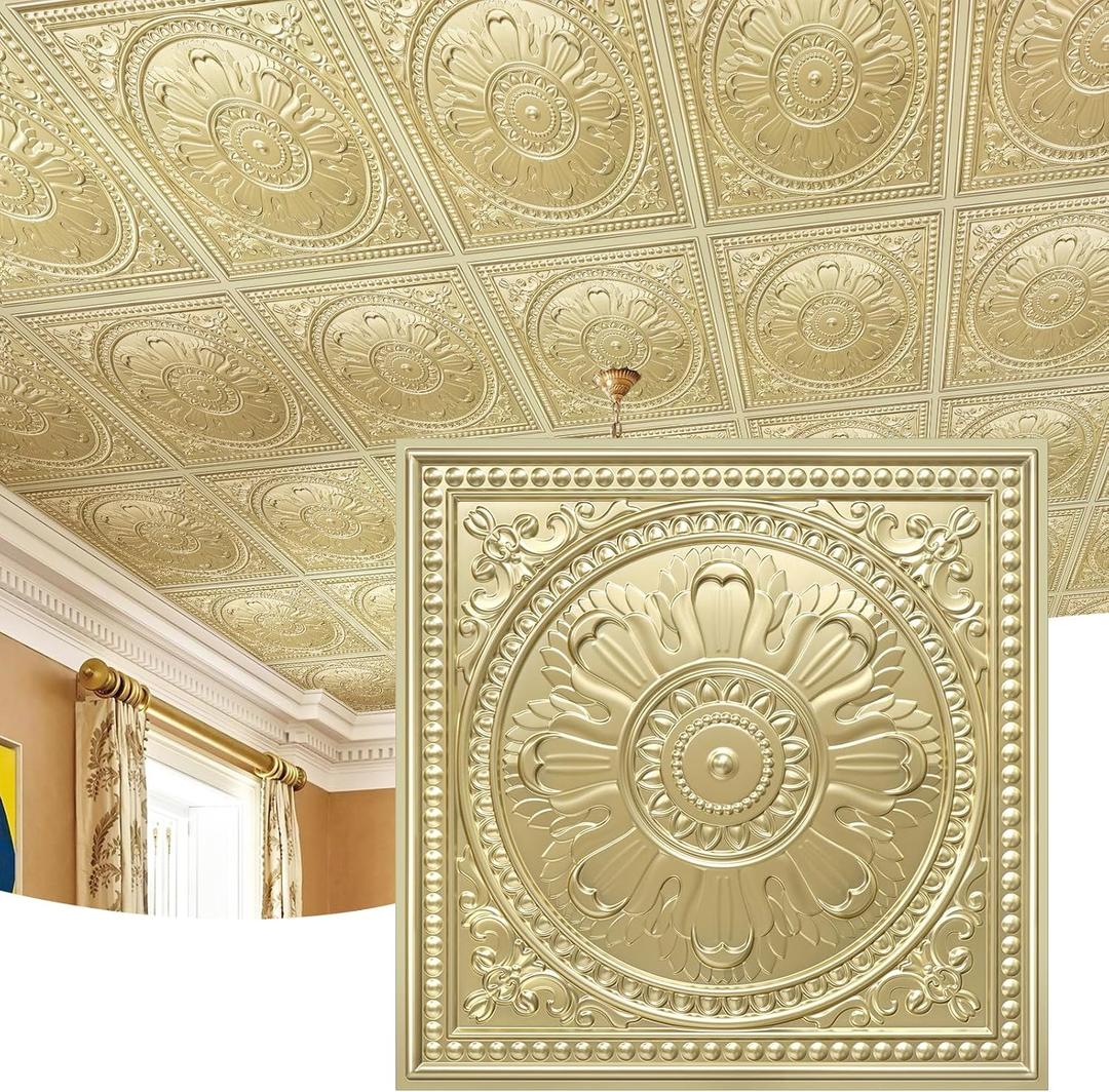 STICKGOO Drop Ceiling Tiles 24"x24", PVC Panels Waterproof Reusable, Covers 48 Sq.Ft., Baroque Decorative Ceiling Tiles for Home & Commercial Use (Pack of 12, Champagne Gold)