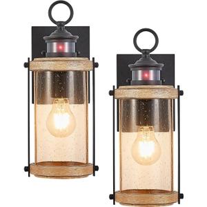 Motion Sensor Outdoor Wall Lights Waterproof,Dusk to Dawn Outdoor Lighting,Outdoor Lights for House with Seeded Glass,Matte Black & Wood Grain Finish,2 Pack