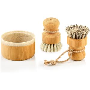SUBEKYU Bamboo Dish Brush Set with Soap Holder, Wooden Dish Scrubber with Soap Dispenser, Natural Kitchen Scrub Brush, Washing Pot/Pans/Cast Iron, 2 Pack, Sisal + Coconut Palm Bristles (Regular size, Sandstone Base +Sisal 1p+palm 1p)