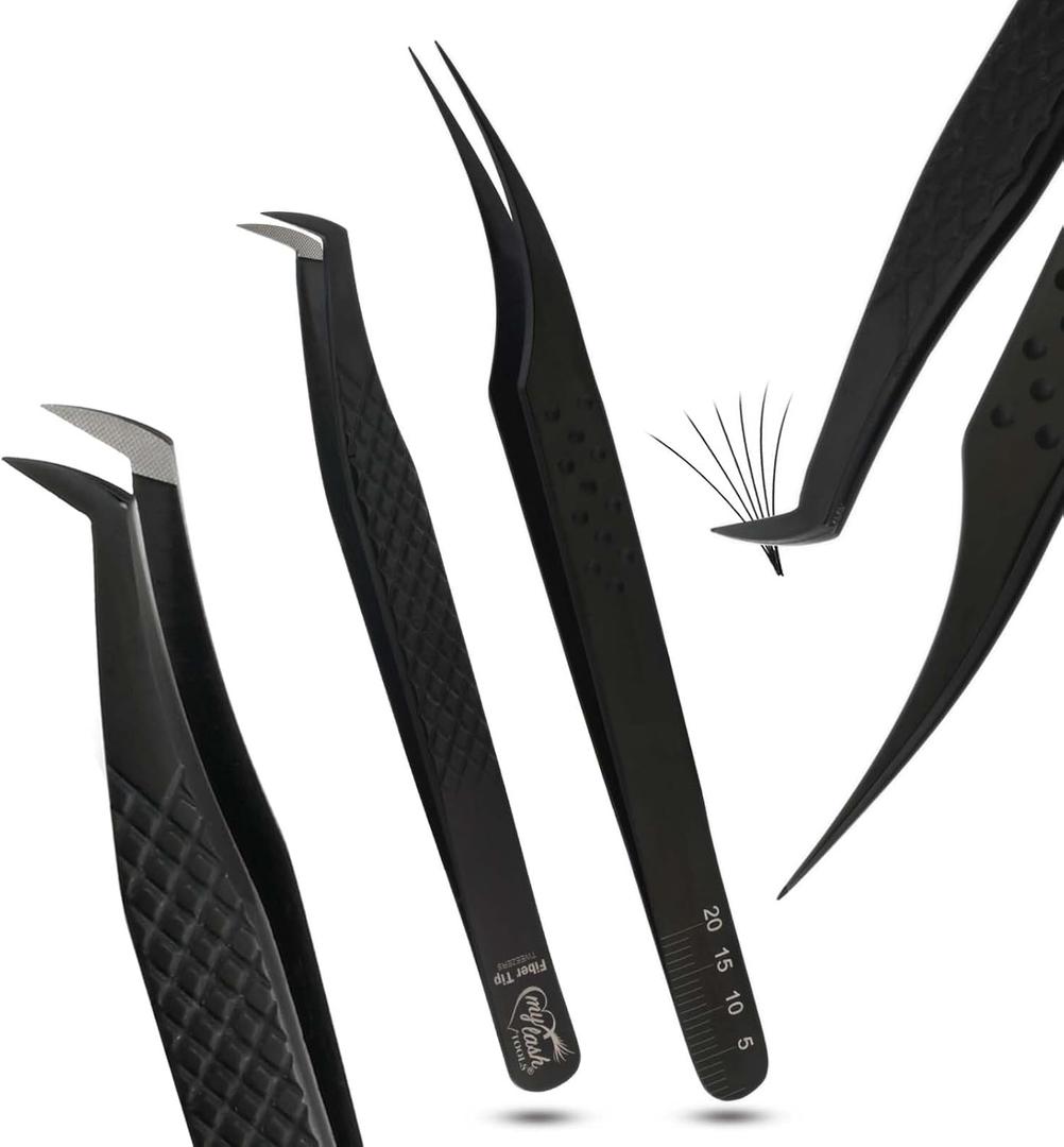 My Lash Tools Lash Tweezers For Eyelash Extensions 2Pcs Fiber Tip Tweezers For Lash Extensions and Dolphin Isolation Tweezers Mega Mink Fan Volume Lash Tweezer Stainless Steel (Black Tweezers set)