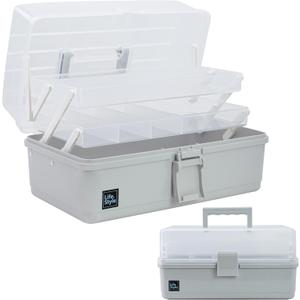 Creahaus 13 inch Art Craft Organizer Storage Box with 3 Layer, Multipurpose Plastic Tool Box with Handle for Sewing, Art Supply, Medicine, Nail, Hair Accessories (Grey)