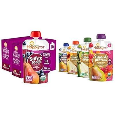 Happy Tot Organics Super Foods Stage 4, Pears, Blueberries & Beets (Pack of 16) & Stage 4 Fiber & Protein 4 Flavor Variety Pack (Pack of 16) BBD: 04-10-26