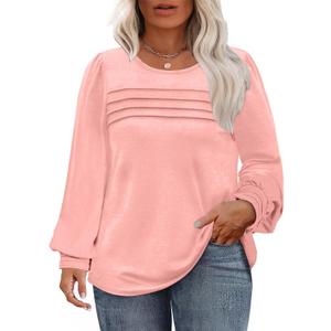 5 x Eytino Womens Plus Size Tops Long Sleeve Blouse Crewneck Pleated Knit Casual Loose Fit Shirts(1X-5X) (Pink)