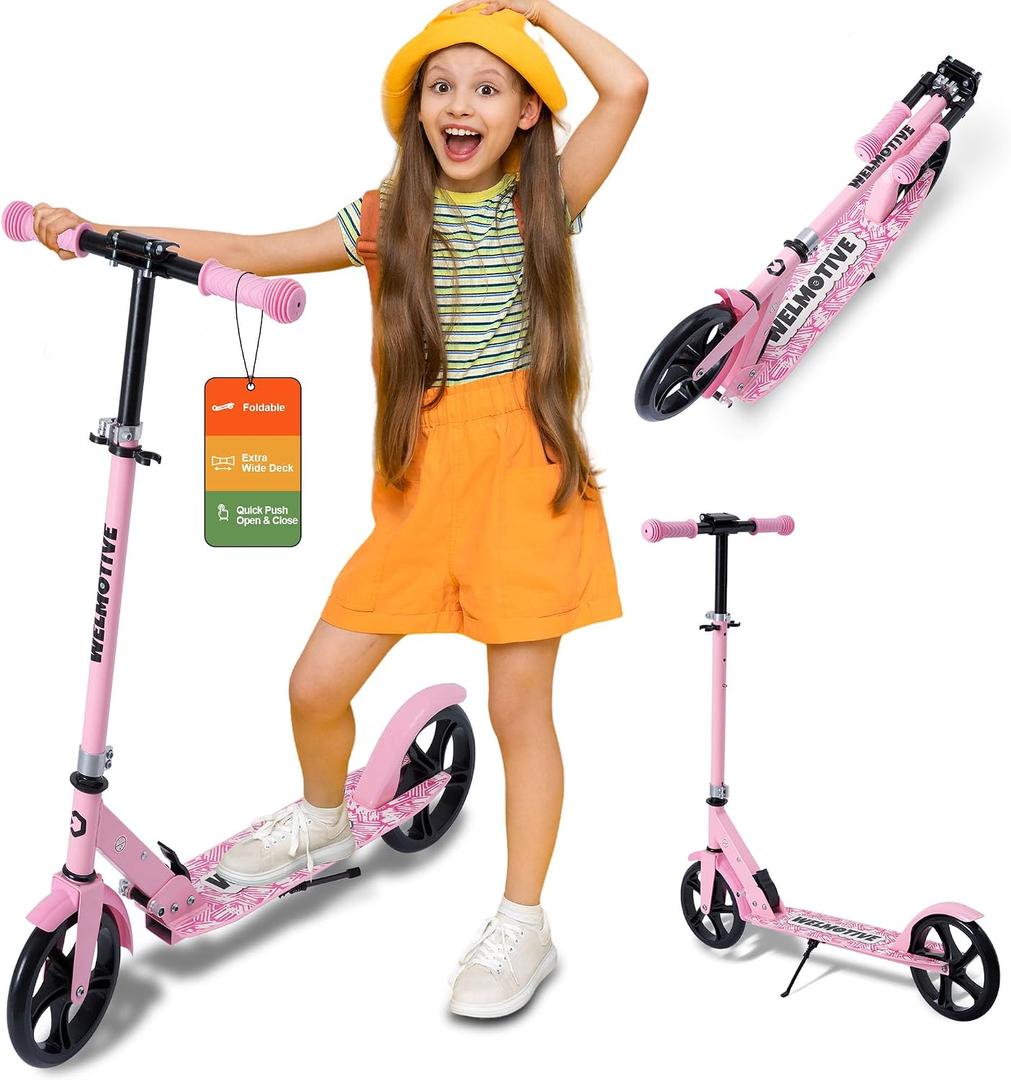 Kick Scooter for Kids Ages 6+, Teens & Adults, Adjustable Handlebars, Rear Brake, Big Wheel Foldable Scooter for Indoor & Outdoor