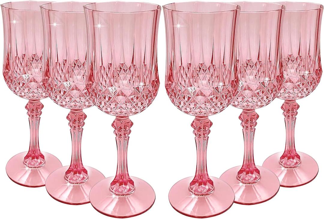 JUSONEY Vintage Plastic Wine Glasses,Crystal Textured Plastic Goblets,Disposable Wine Glasses for Parties,Weddings,Elegant Events(6pcs-Rose Gold)