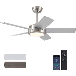 Ceiling Fan with Lights and Remote/APP - 42" Modern Low Profile Ceiling Fan with 5 Reversible Blades, 3CCT Dimmable, Ceiling Fans for Indoor/Covered Outdoor, Brushed Nickel