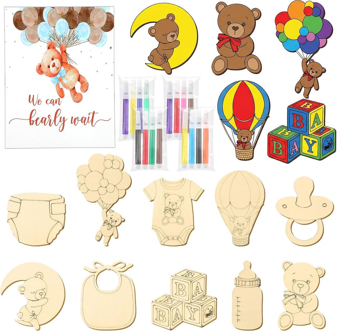 Novabright 24 Set Bear Baby Shower Activity Supplies Wooden Painting Kit for Adults We Can Bearly Wait Baby Shower Decorations Gender Reveal Party Favors Guests Prize Gift Goodie Bag Stuffers