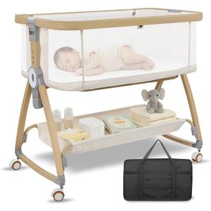 Bassinet Bedside Sleeper,Baby Bassinet,Rocking Bassinet,4-in-1 Full Mesh Quick Assembly Portable Bedside Crib with Mattress,Mosquito Net,6-Level Height Adjustable Bassinet with Travel Bag for Newborn | Breathable material