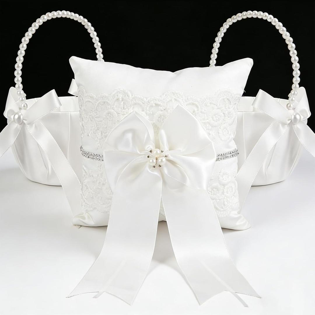 2 Flower Girl Baskets and Ring Bearer Pillows Set, Pearl Handle White Satin Bowknot Flower Baskets, Wedding Ring Pillow,Ivory Wedding Baskets for Flower Girls Wedding Decor