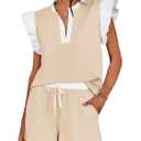 Tankaneo Womens 2 Piece Lounge Sets Summer Outfits V Neck Ruffle Cap Sleeve Tops and Shorts Vacation Matching Set, M