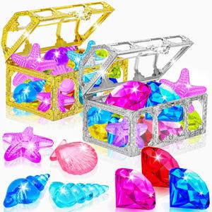 MGparty 24pcs Diving Gem Pool Toys Colorful Diamonds Set with Pirate Treasure Chest Summer Toy Underwater Swimming Toys for Boys and Girls Pool Games Water Toys