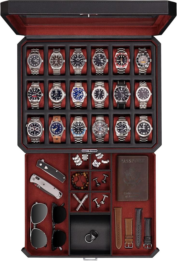 ROTHWELL 18-Slot Watch Case with Drawer  Luxury Watch Box for Men, Real Glass Top, Lockable, Display Case for Collections (Black/Red)