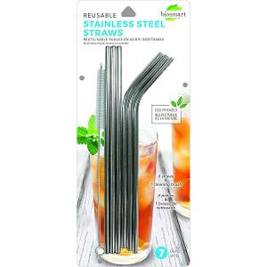 Biosmart Reusable Stainless Steel Straws (6 straws + 1 cleaning brush), Pack Of 2