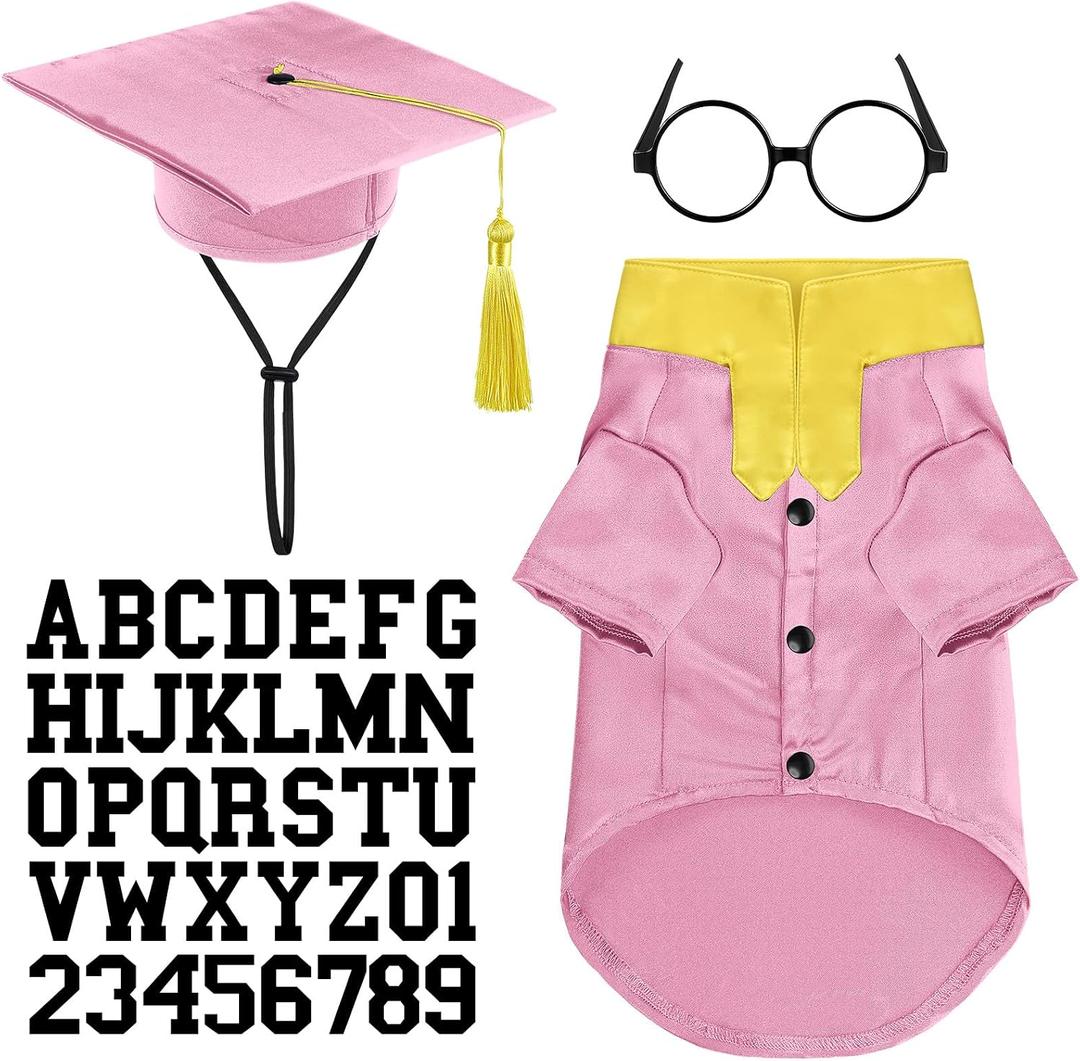 Huhumy 5 Pcs Dog Graduation Costume Set Include 2026 Pet Graduation Gown with Stole Puppy Grad Cap Lensless Glasses DIY Letter Stickers for Dogs Cats Holiday Costume Accessory(Pink Yellow,L)