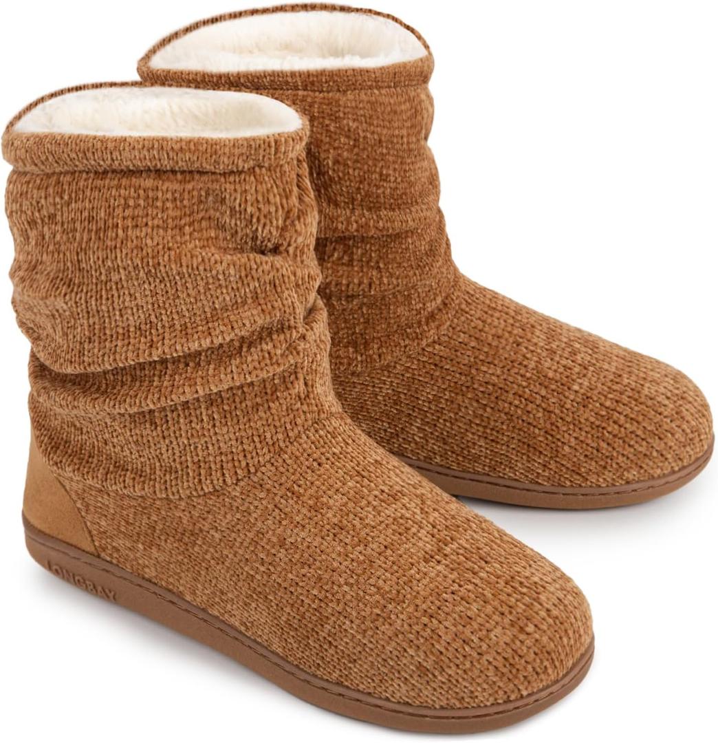 LongBay Women's Cozy Winter Slipper Boots Warm Chenille Knit Bootie Memory Foam Non-Slip Indoor Outdoor House Shoes (7-8, Camel)
