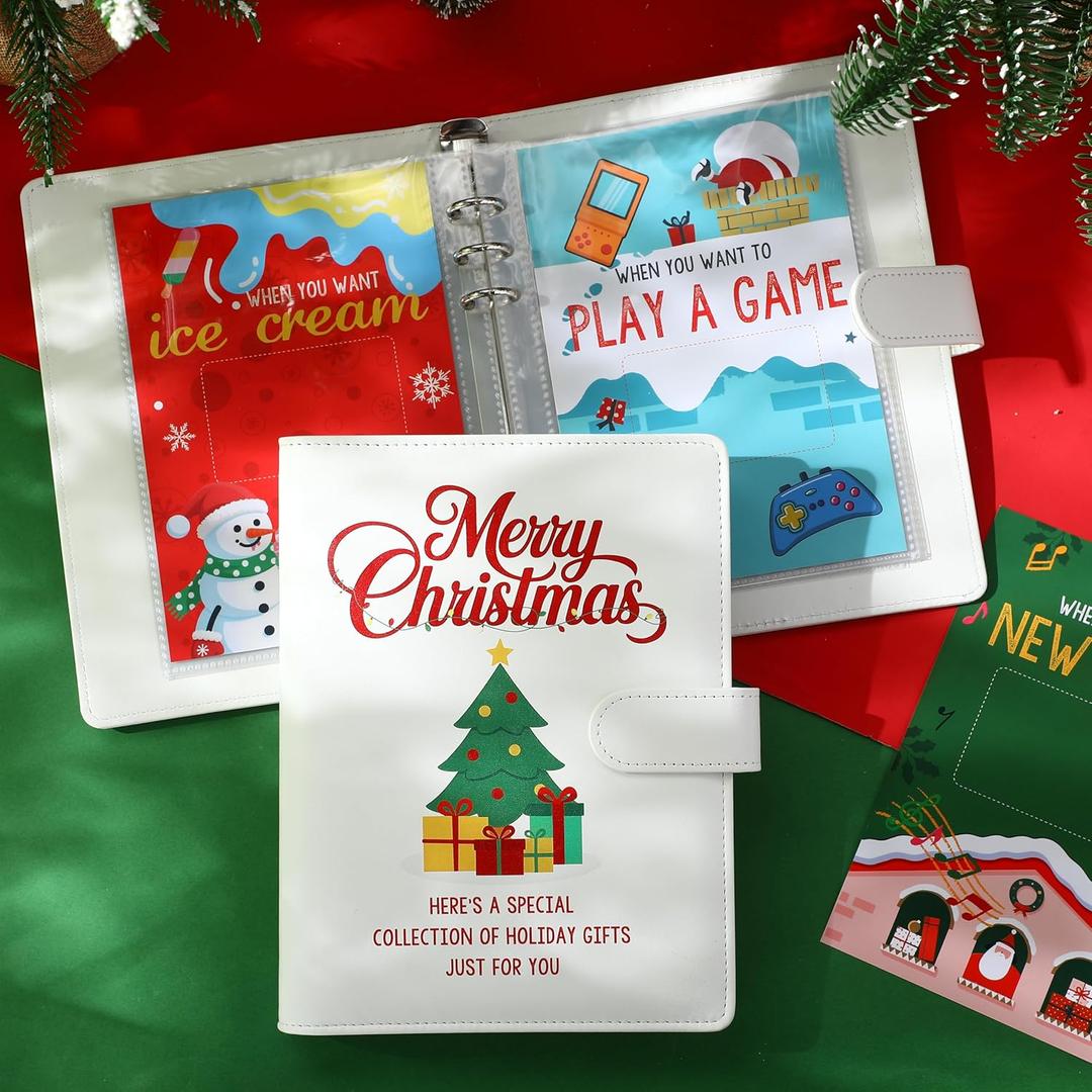 Funrous Book Christmas - Xmas Greeting Card Organizer, 13 Pages, 25 Cards Booklet, Binder Album PU Leather Cover for Gifts Cards Photo Memory Post Organization, Fit 7 x 5 Inch