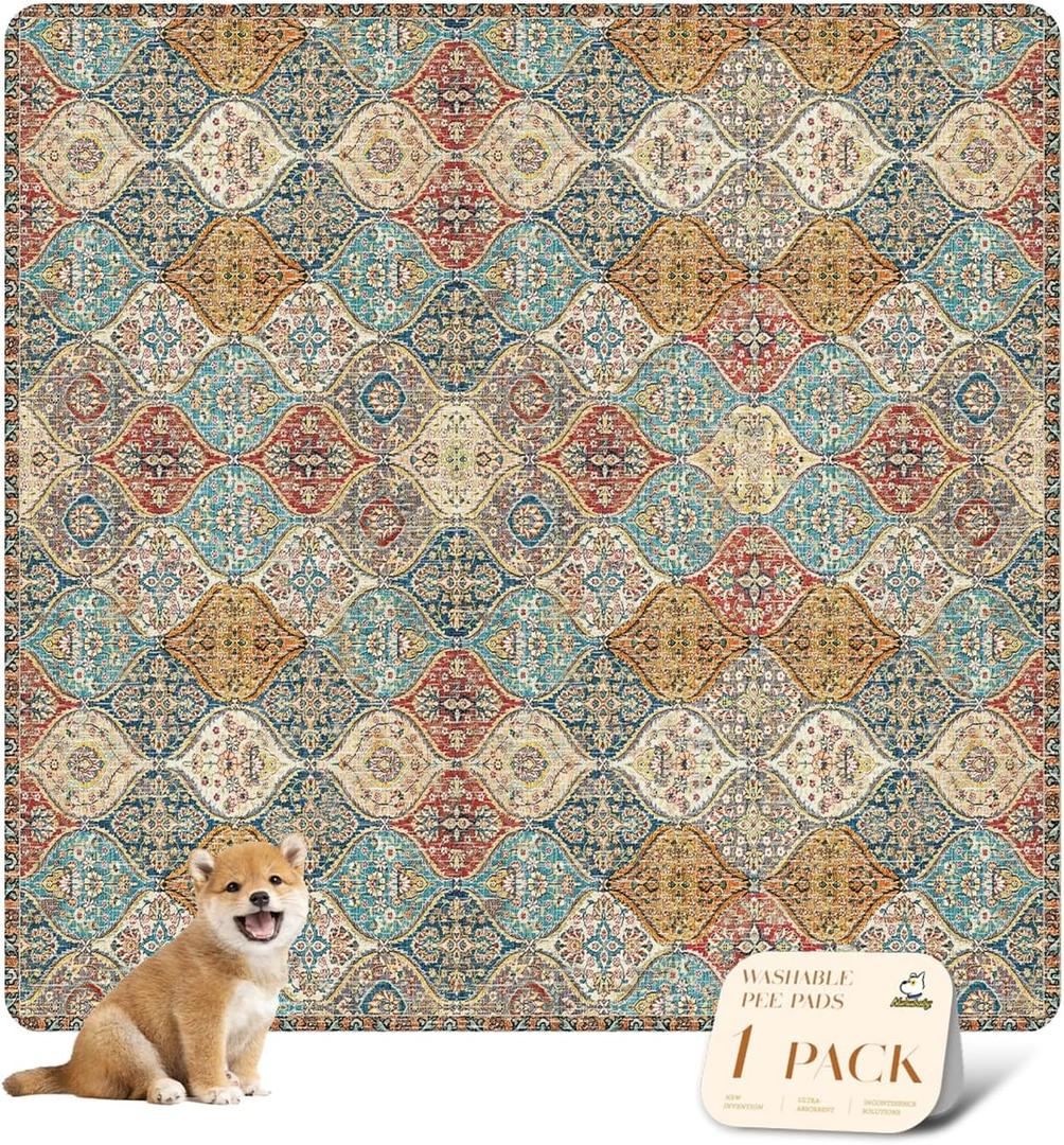 Nunubaby Washable Pee Pads for Dogs, Stylish, NonSlip and LeakProof Pee Pads. Reusable Potty Pads for Dogs for Crates and Floors.(Cream/Multi, 24" x36" )