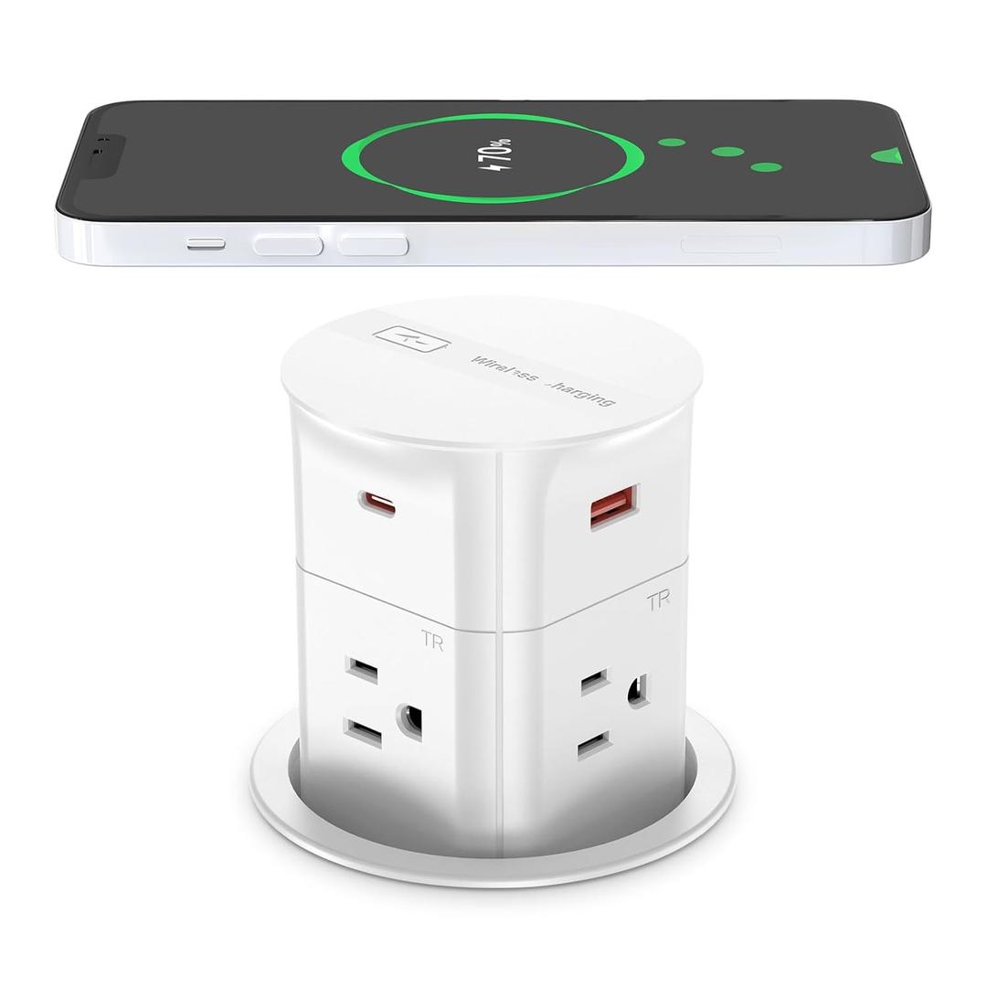 ANNQUAN 3.15" Pop Up Countertop Outlet with 15W Wireless Charger,Max 20W Power Delivery,800J Surge Protection,Pop Up Electrical Outlet with 4 Outlets 4 USB Ports for Home Office(ETL Listed) (6ft Cord, White)