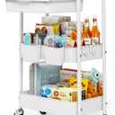 3 Tier Metal Rolling Utility Cart with Drawer & Lockable Wheels - Heavy-Duty Multifunctional Storage Organizer with 2 Cups and 4 Hooks for Bathroom, Kitchen, Snack, Craft, Makeup, Baby Essentials