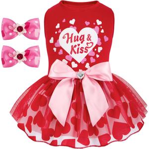 cyeollo Valentine's Day Dog Dress, Holiday Heart Print Tulle Doggie Dresses for Small Dogs Girls Party Outfit Puppy Apparel, Red M