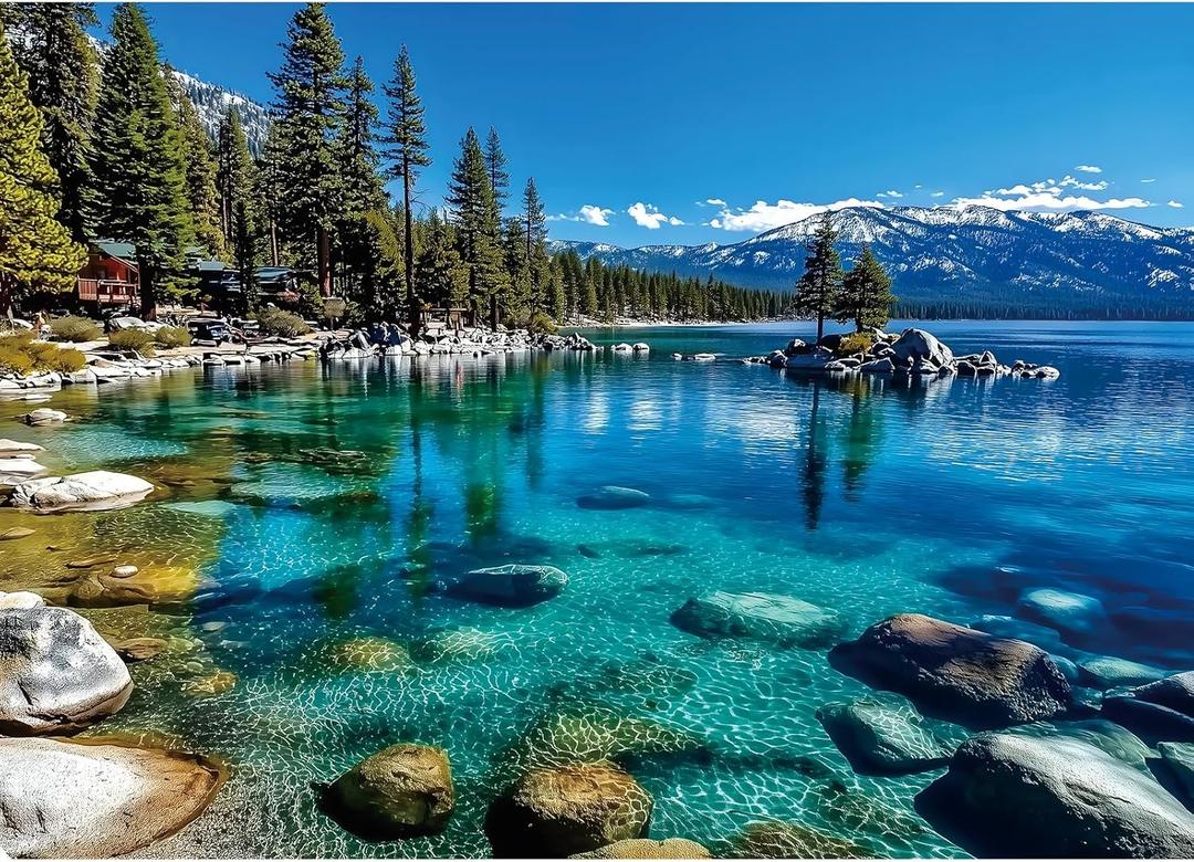 Landscape Jigsaw Puzzle 1000 Pieces Lake Tahoe Scenery with Clear Turquoise Waters, Snow-Capped Mountains & Pine Forests, Challenging & Fun Puzzle for Adults and Teens, Ideal Gift & Home Decor